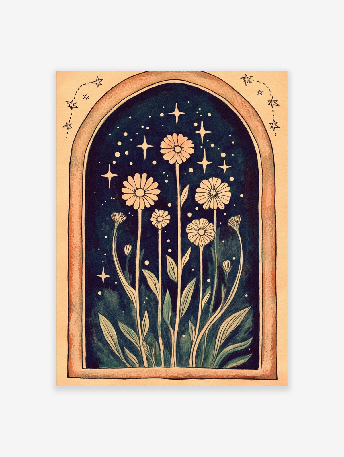 Illustrative daisy flowers with tall stems and leaves in an archway with sparkling stars on a dark background