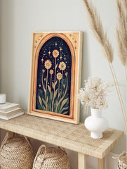 Illustrative daisy flowers with tall stems and leaves in an archway with sparkling stars on a, in an alternate framed mockup