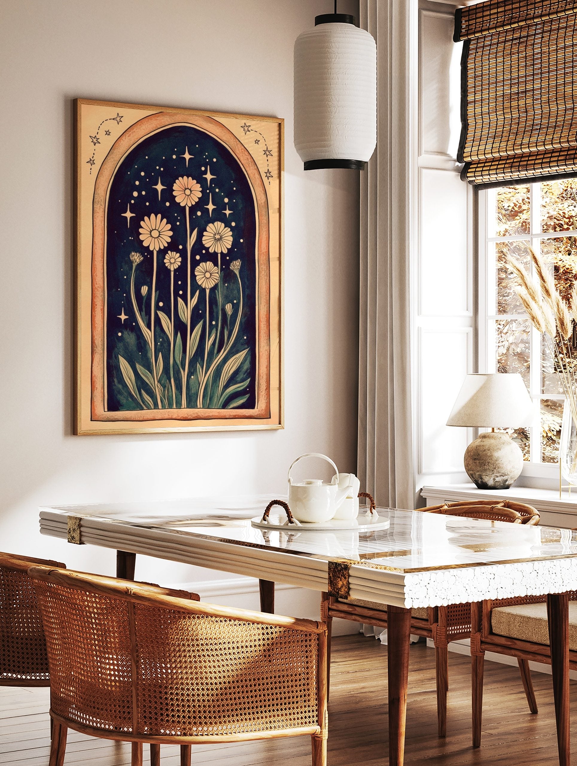 Illustrative daisy flowers with tall stems and leaves in an archway with sparkling stars on a dark, in a styled room mockup