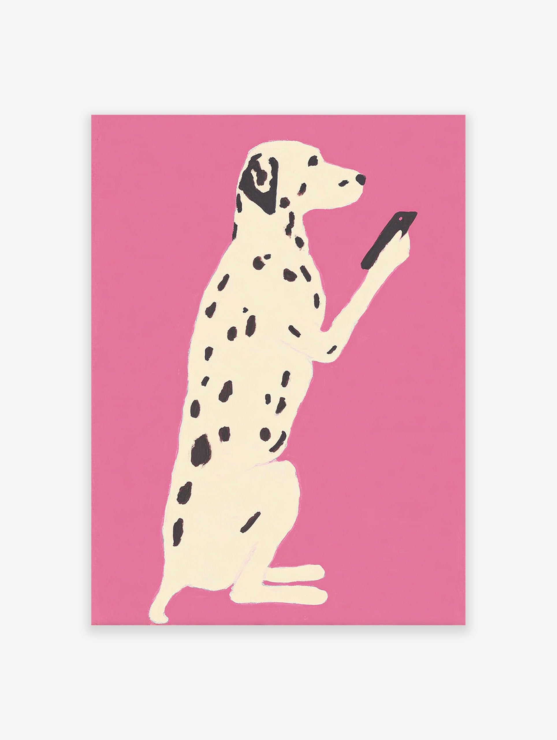 Illustration of a white Dalmatian dog with black spots holding a black smartphone on a bright pink background. Dalmatian dog art print.
