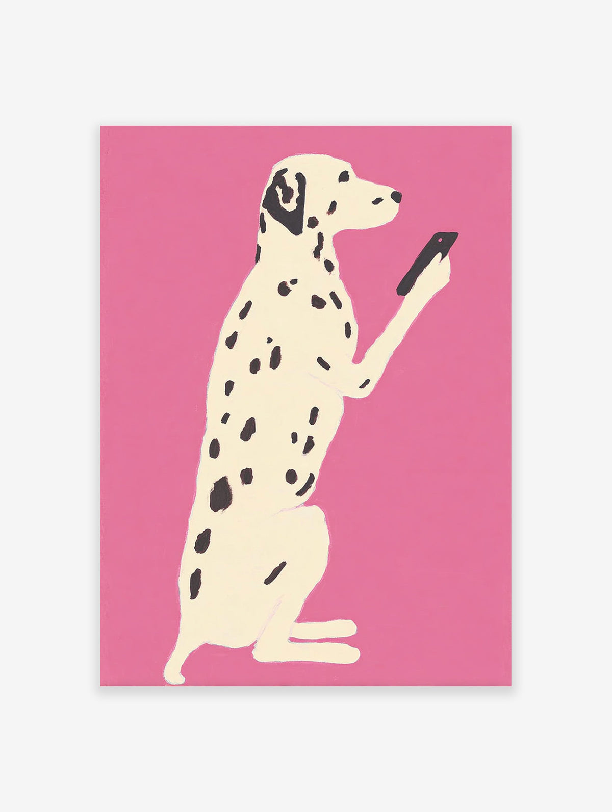 Illustration of a white Dalmatian dog with black spots holding a black smartphone on a bright pink background. Dalmatian dog art print.