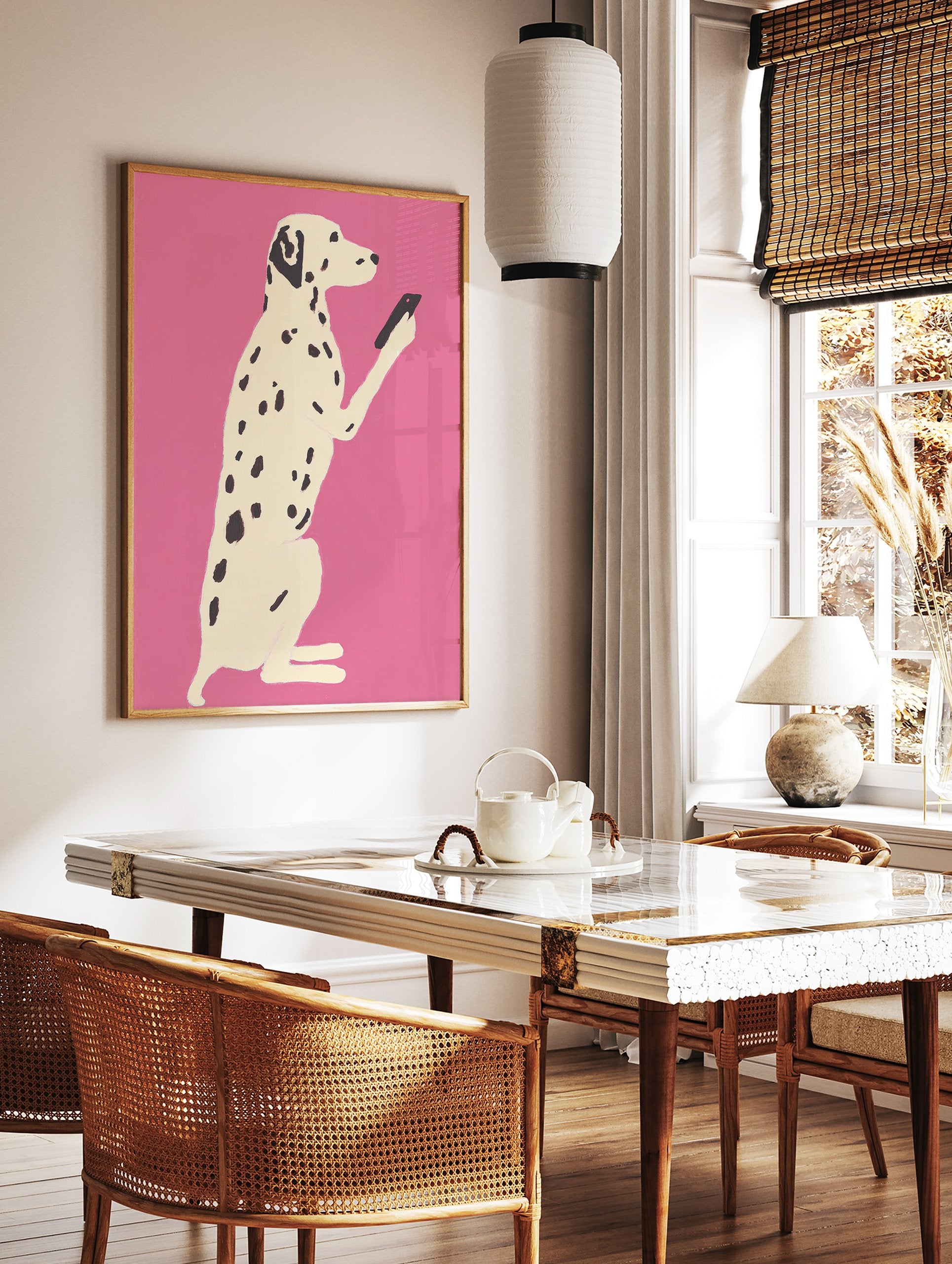 Illustration of a white Dalmatian dog with black spots holding a black smartphone on a bright pink background. Dalmatian dog art print. - Image 2