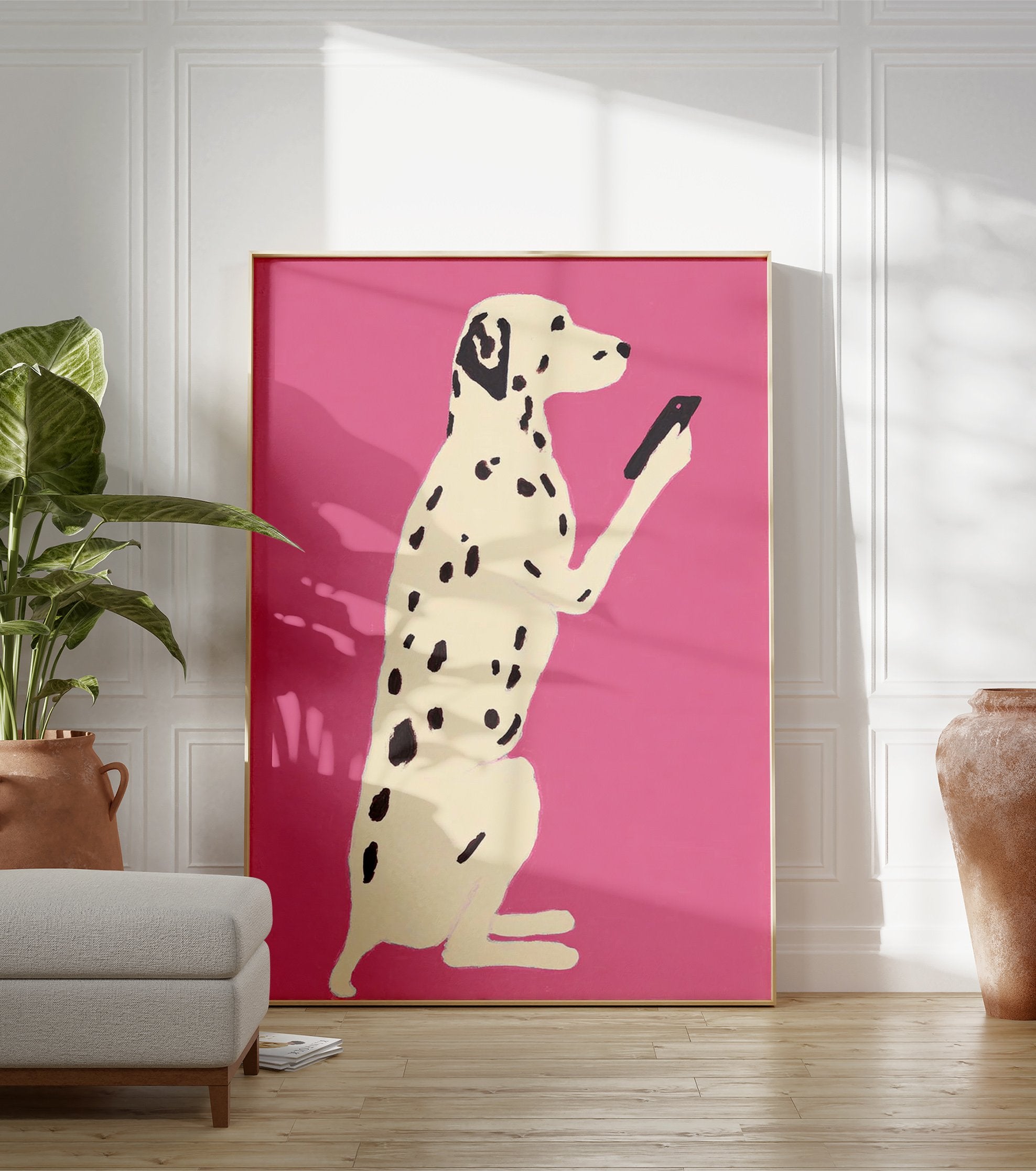 Illustration of a white Dalmatian dog with black spots holding a black smartphone on a bright pink background. Dalmatian dog art print. - Image 3