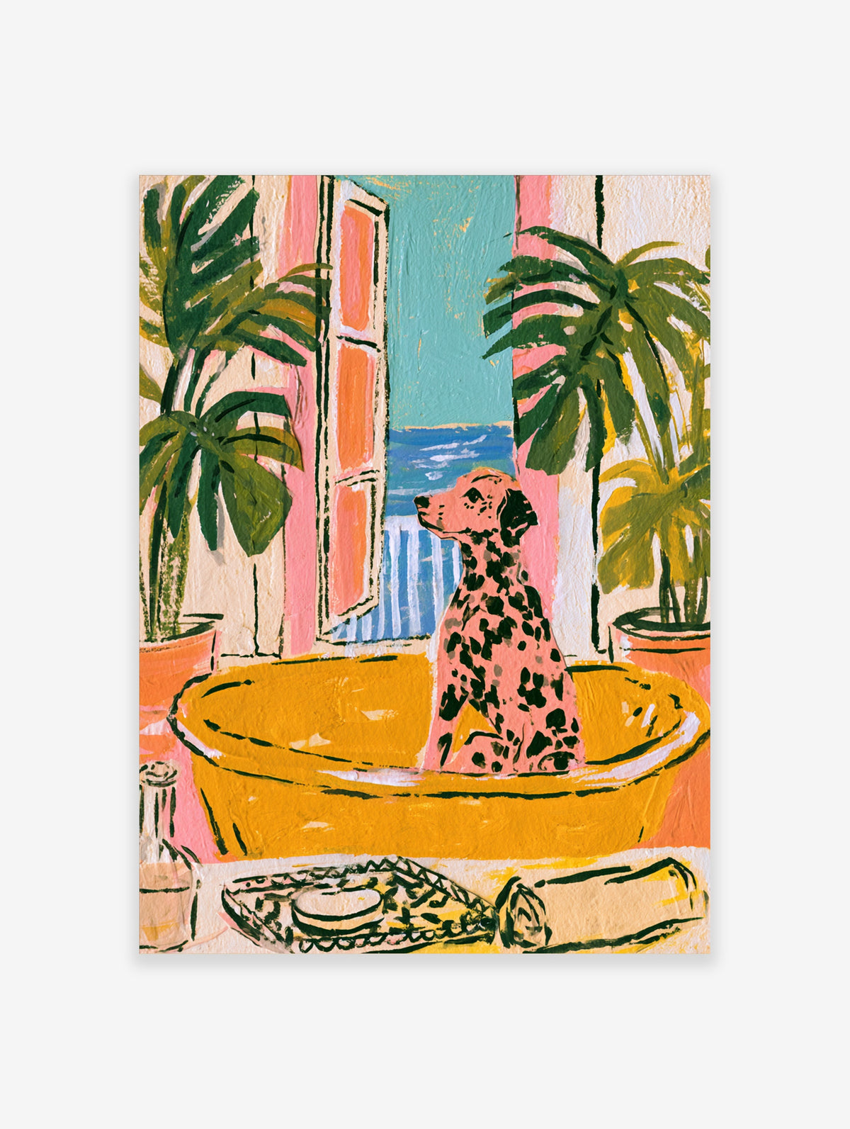 Pink dalmatian in yellow bathtub with open shutters, palm plants, and blue sea view art print
