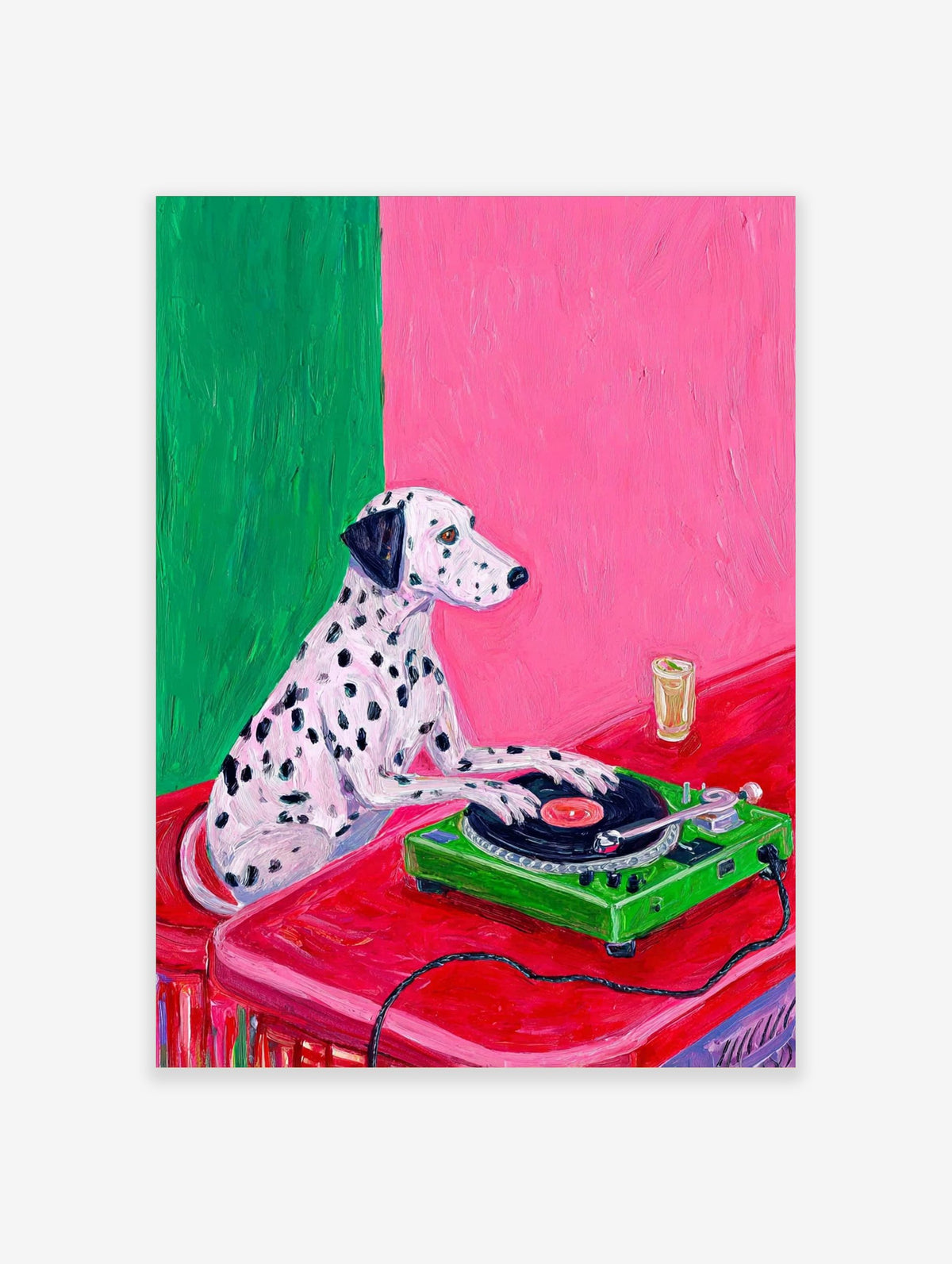 Illustrative print of a Dalmatian dog DJing on a green turntable against a pink and green wall