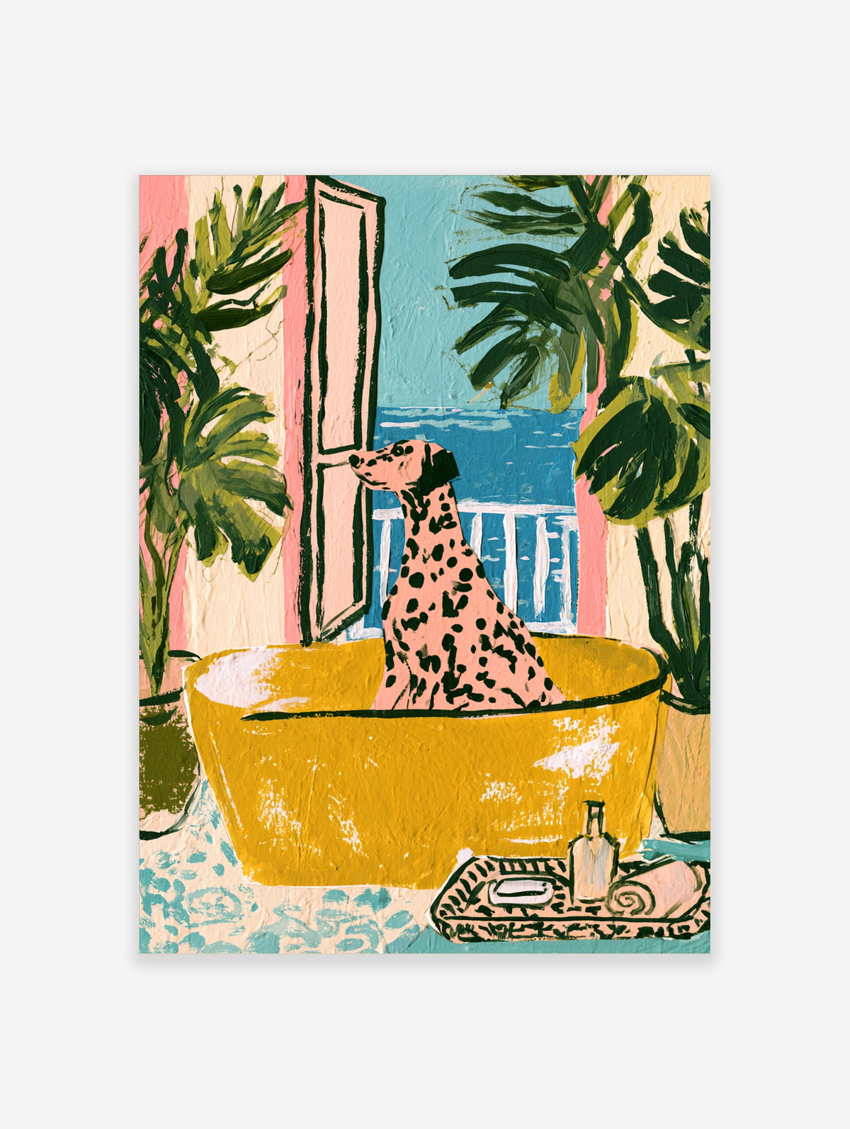 Dalmatian dog in yellow bathtub looking out window to blue sea, pink walls and palm leaves