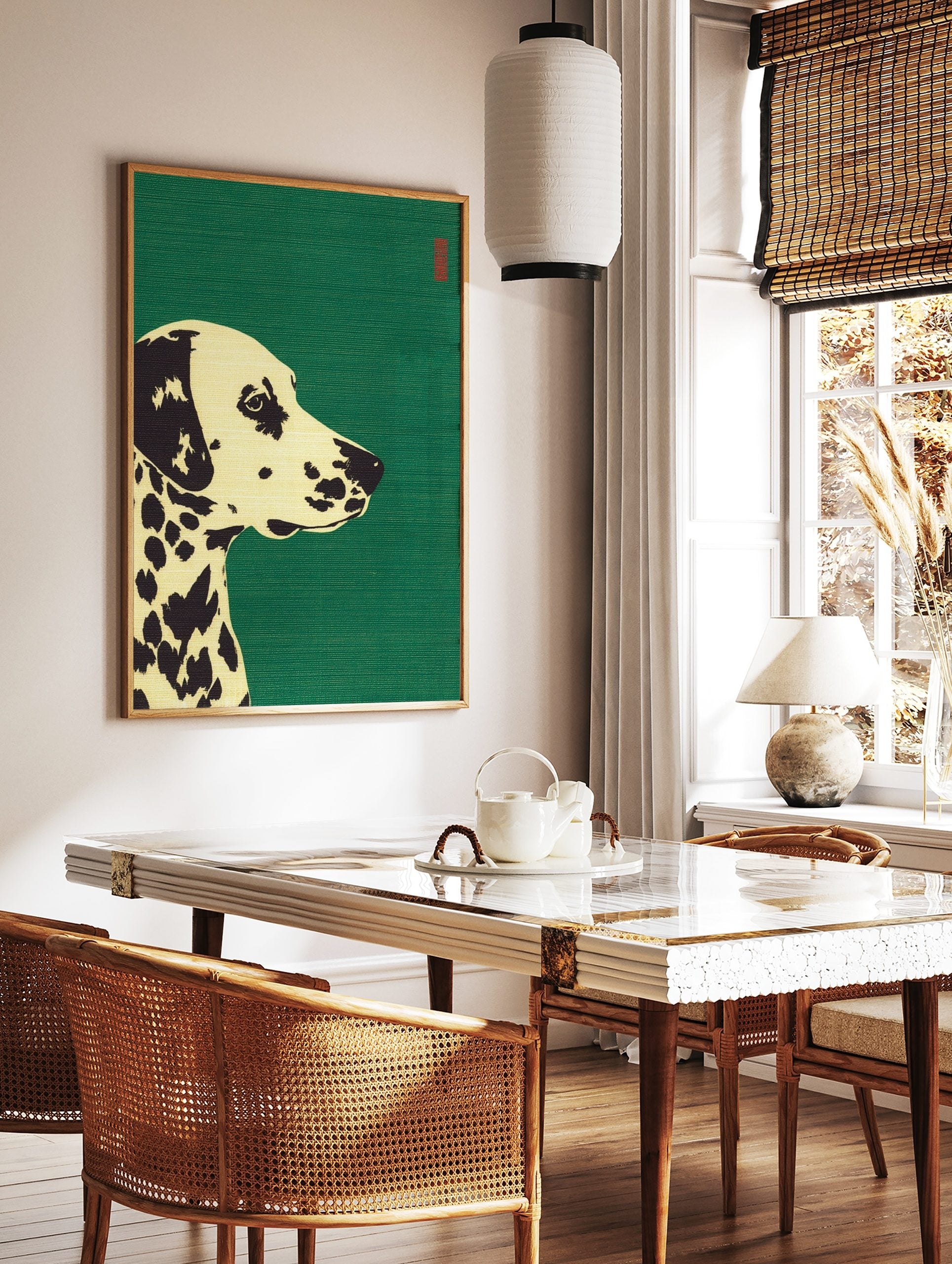 Stylised Dalmatian dog illustration art print with black spots on cream against a green background, in a styled room mockup
