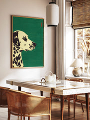 Stylised Dalmatian dog illustration art print with black spots on cream against a green background, in a styled room mockup