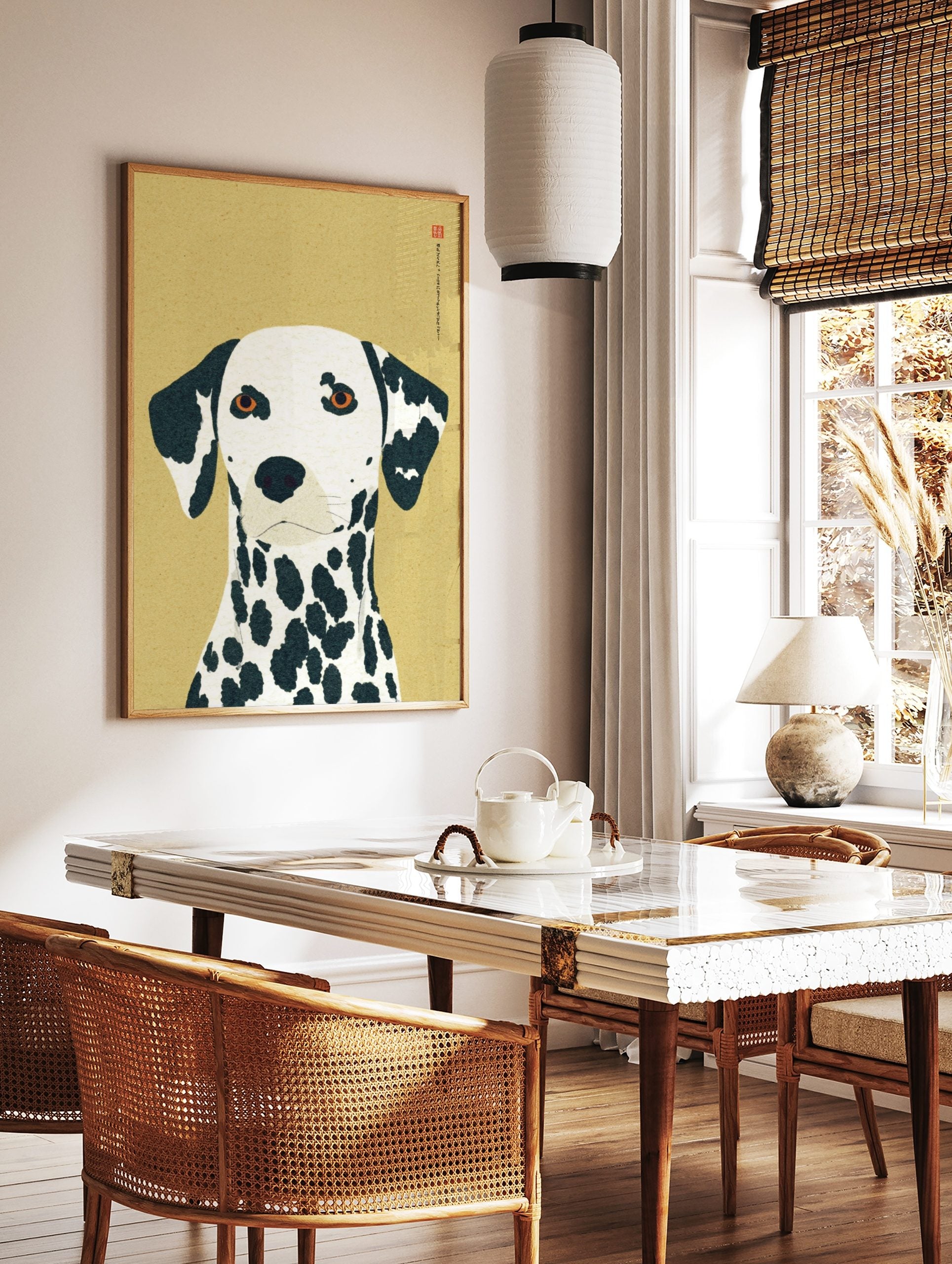 Illustrative Dalmatian dog portrait art print with black spots, amber eyes, and Japanese text on a, in a styled room mockup