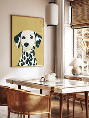 Illustrative Dalmatian dog portrait art print with black spots, amber eyes, and Japanese text on a, in a styled room mockup