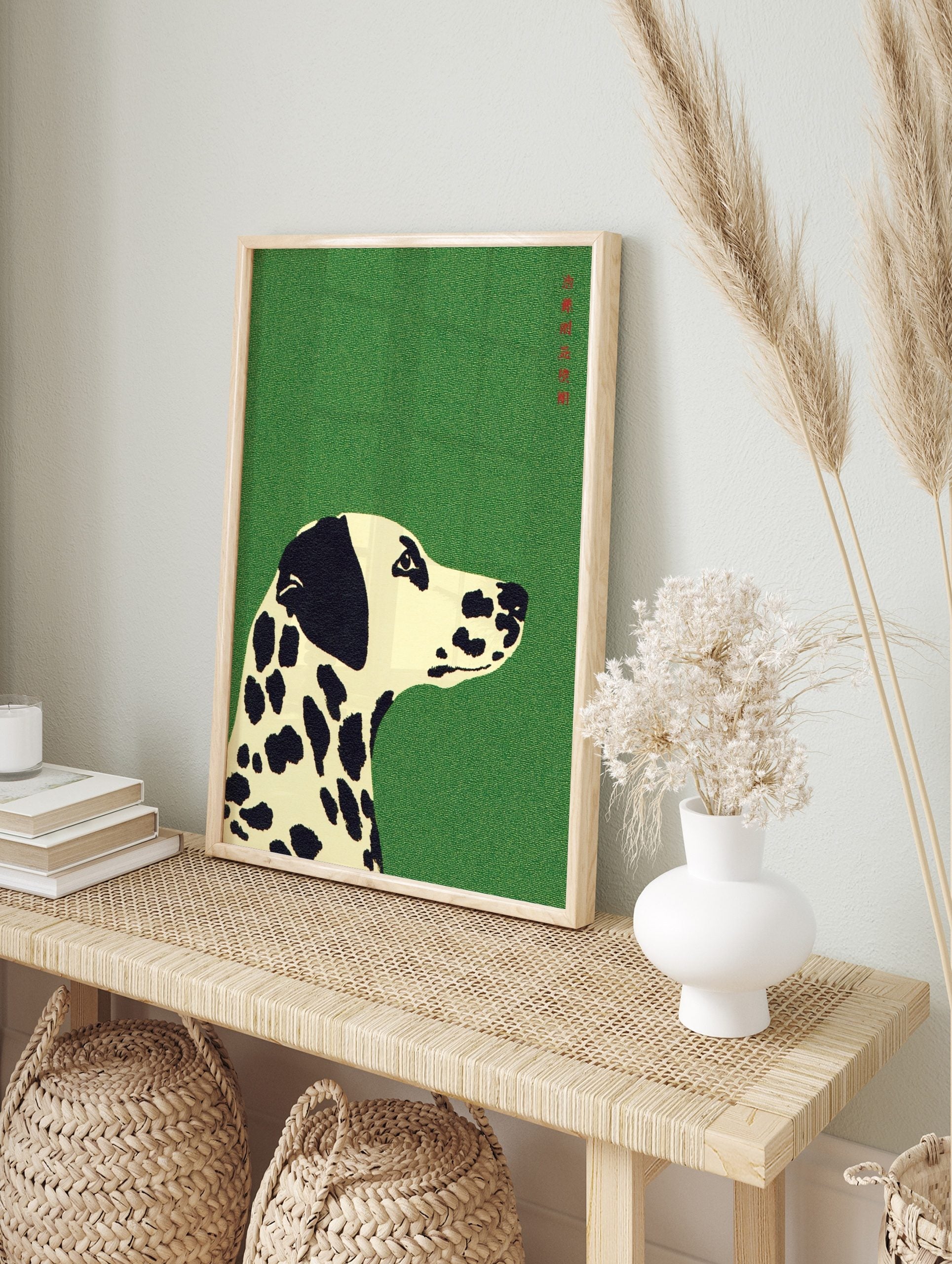 Illustrative Dalmatian dog head and neck on a vibrant green textured background, looking right, in an alternate framed mockup