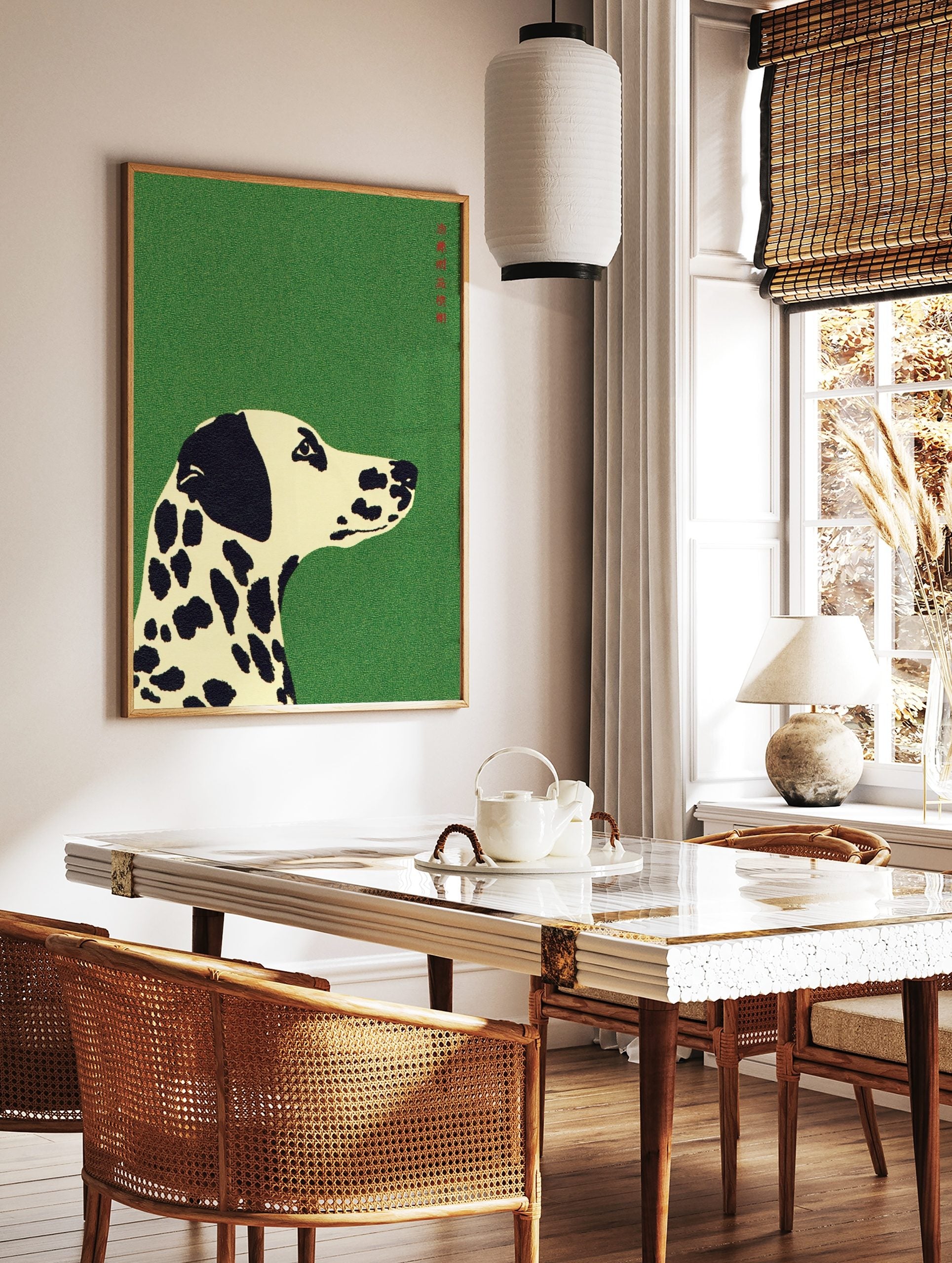 Illustrative Dalmatian dog head and neck on a vibrant green textured background, looking right, in a styled room mockup