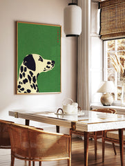 Illustrative Dalmatian dog head and neck on a vibrant green textured background, looking right, in a styled room mockup