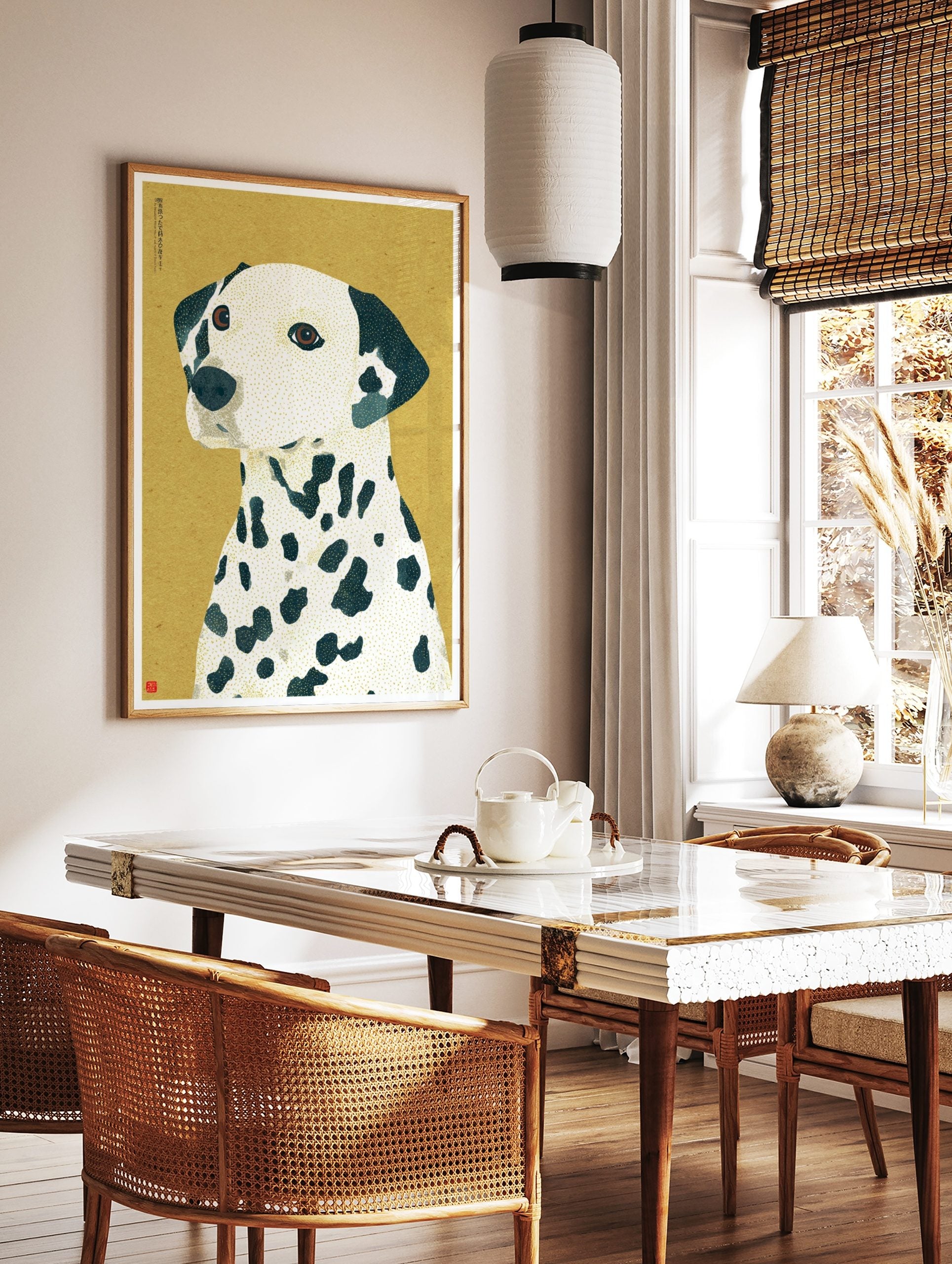 Illustrative portrait of a Dalmatian dog with dark spots and golden flecks, on a mustard yellow, in a styled room mockup