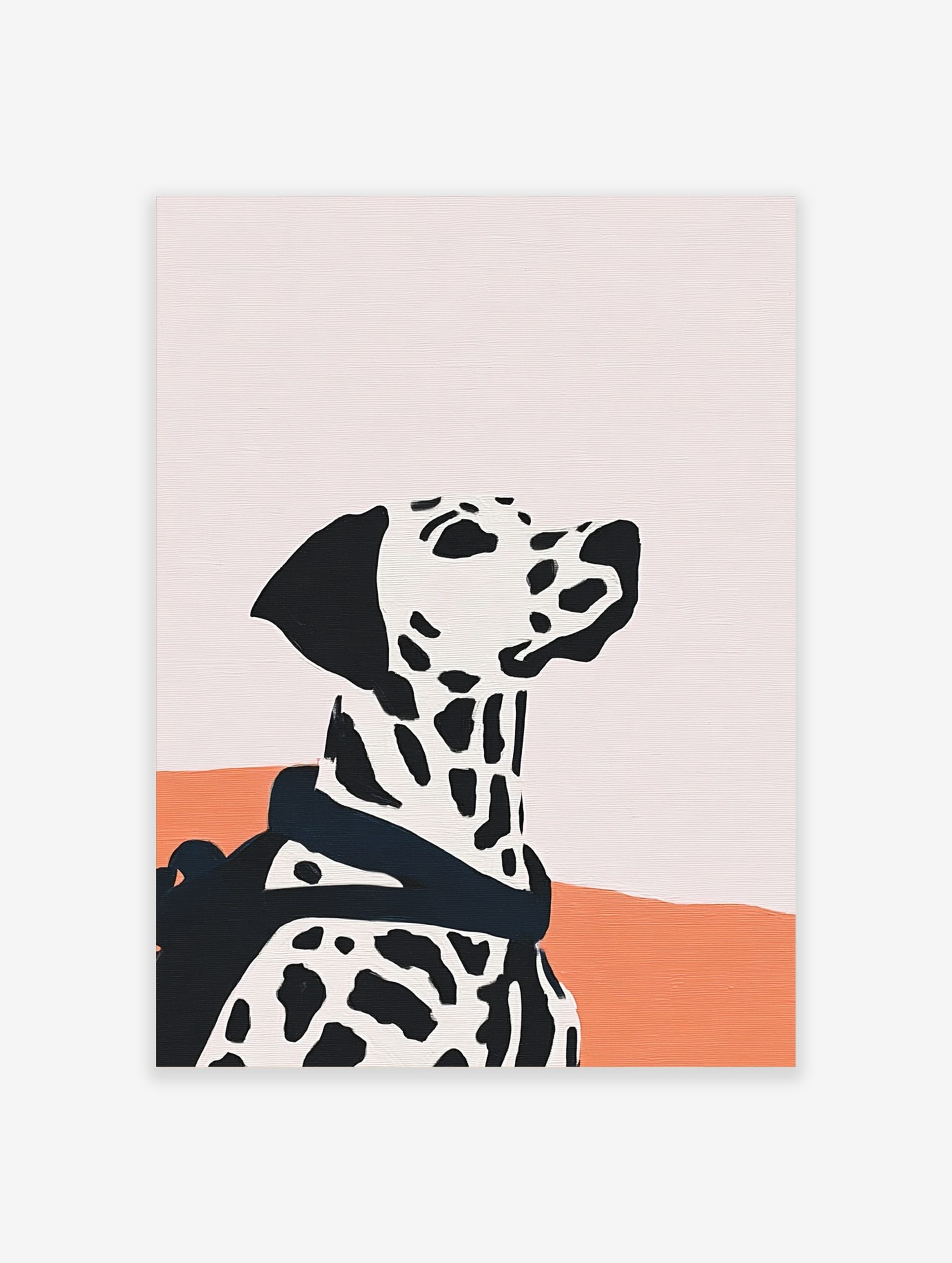 Minimalist Dalmatian dog wall art in profile with black spots on white, against pale pink and burnt orange background