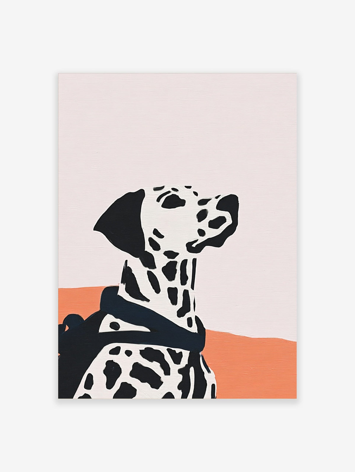 Minimalist Dalmatian dog wall art in profile with black spots on white, against pale pink and burnt orange background