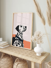 Minimalist Dalmatian dog wall art in profile with black spots on white, against pale pink and, in an alternate framed mockup