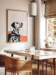 Minimalist Dalmatian dog wall art in profile with black spots on white, against pale pink and burnt, in a styled room mockup