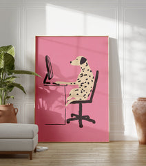 Illustration of a Dalmatian dog sitting at a desk and working on a computer against a pink background, modern dog wall art. - Image 3