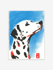 Illustrative watercolour print of a white Dalmatian dog with black spots and red accents, looking up against a blue