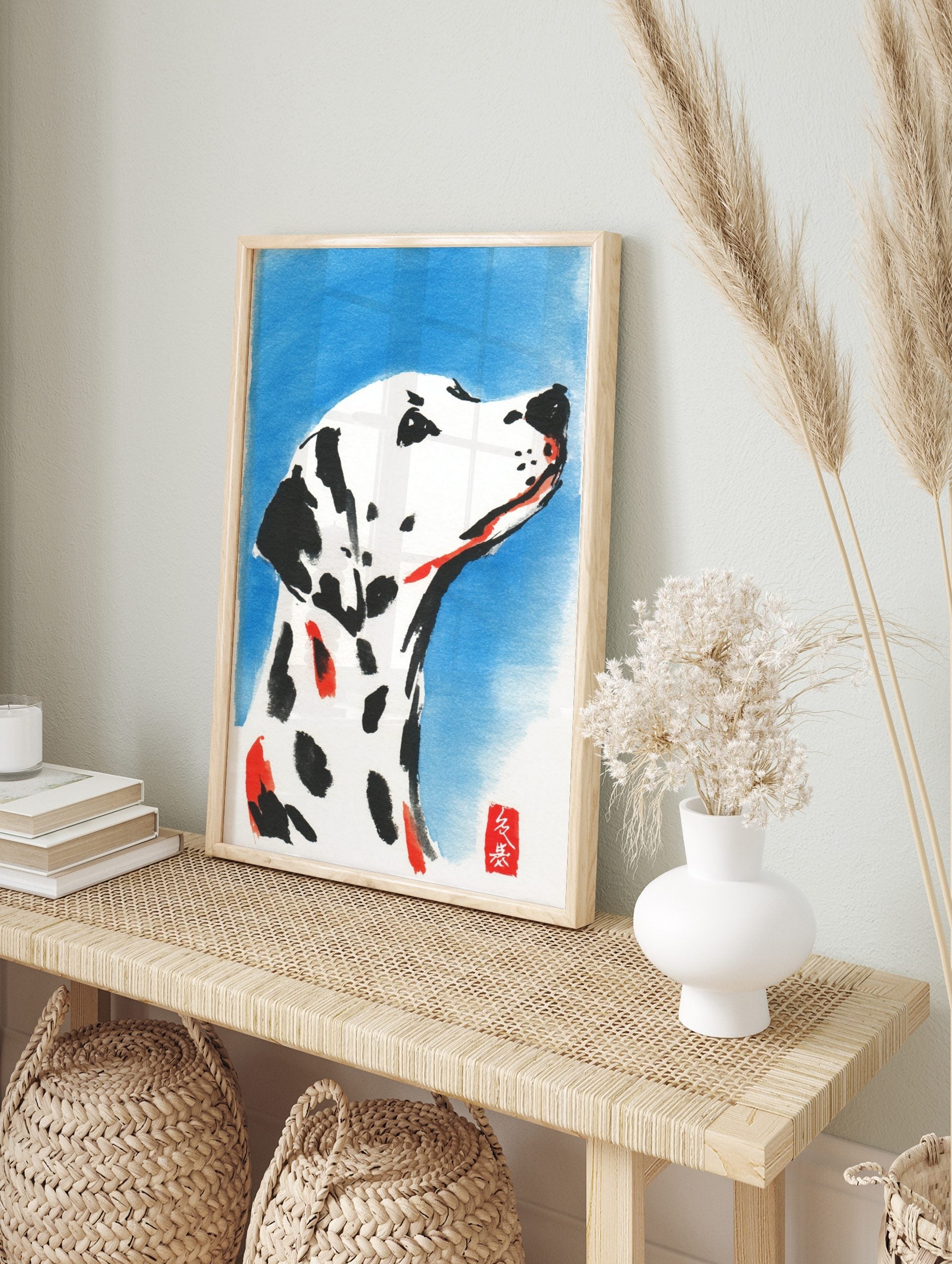 Illustrative watercolour print of a white Dalmatian dog with black spots and red accents, in an alternate framed mockup