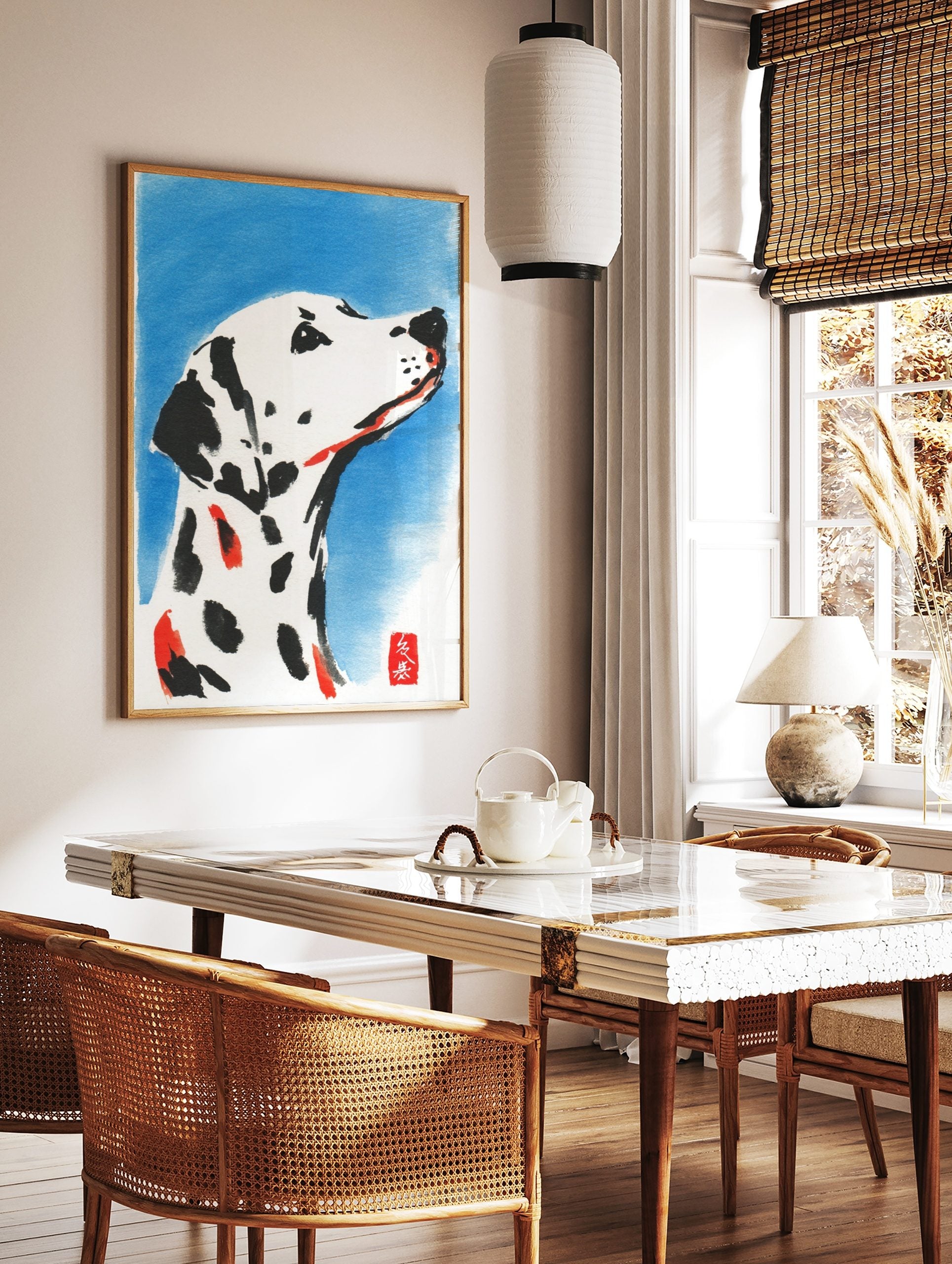 Illustrative watercolour print of a white Dalmatian dog with black spots and red accents, looking, in a styled room mockup