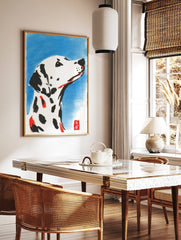 Illustrative watercolour print of a white Dalmatian dog with black spots and red accents, looking, in a styled room mockup