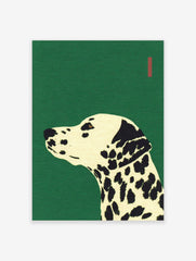 Illustrative Dalmatian dog head and neck in profile on a green background with a red bar