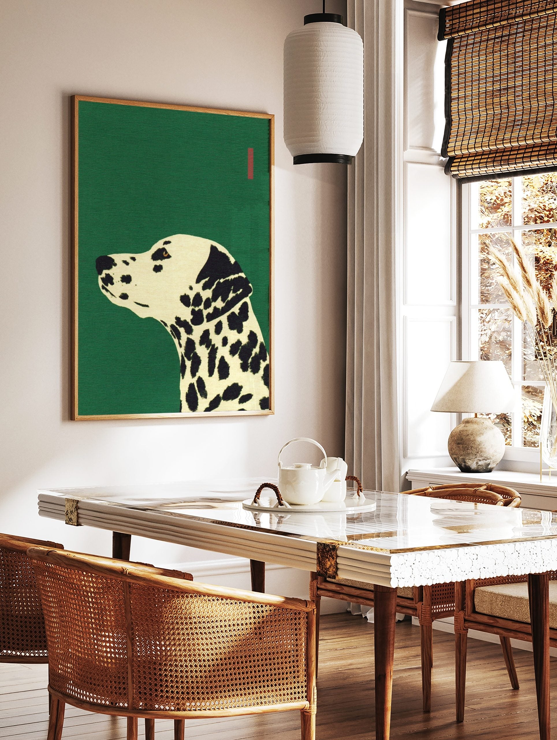 Illustrative Dalmatian dog head and neck in profile on a green background with a red bar, in a styled room mockup