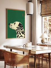 Illustrative Dalmatian dog head and neck in profile on a green background with a red bar, in a styled room mockup