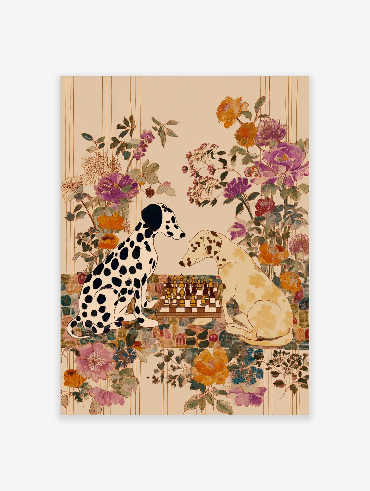 Illustrative art print of two Dalmatian dogs playing chess with a colourful floral background