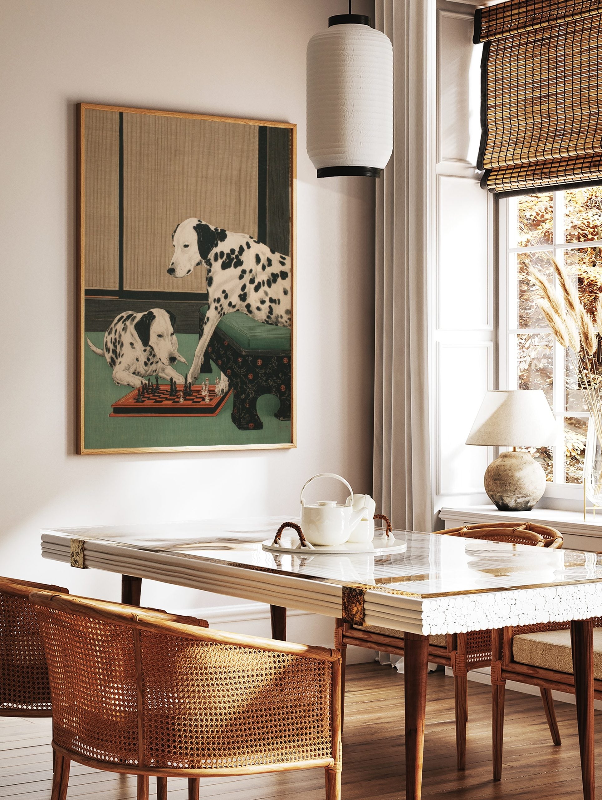 Illustrative print of two Dalmatian dogs with black spots playing chess on a green floor, beige, in a styled room mockup