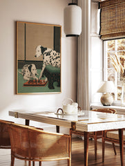 Illustrative print of two Dalmatian dogs with black spots playing chess on a green floor, beige, in a styled room mockup