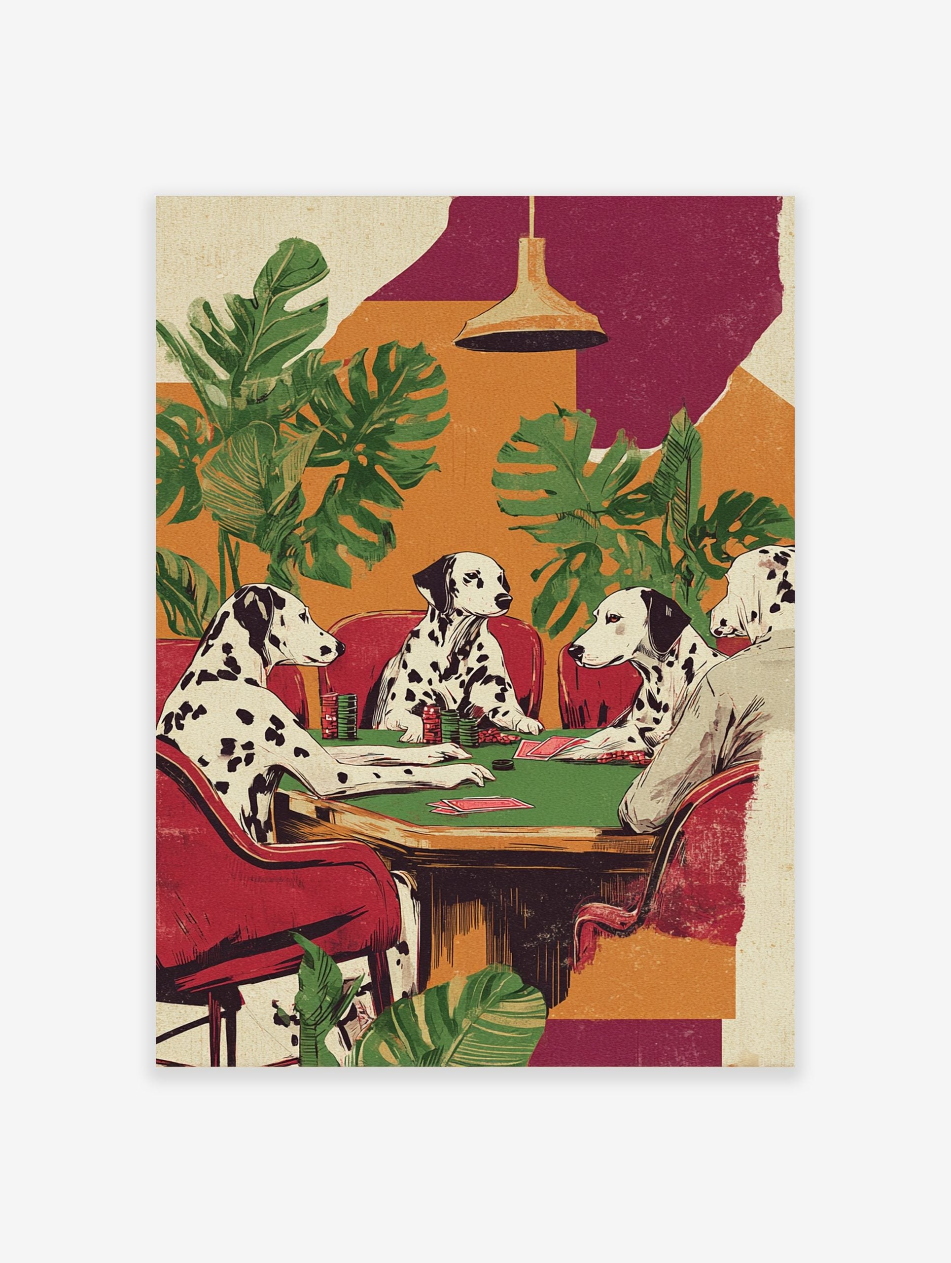 Illustrative print of four Dalmatian dogs playing poker at a green table with chips and cards