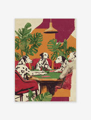 Illustrative print of four Dalmatian dogs playing poker at a green table with chips and cards