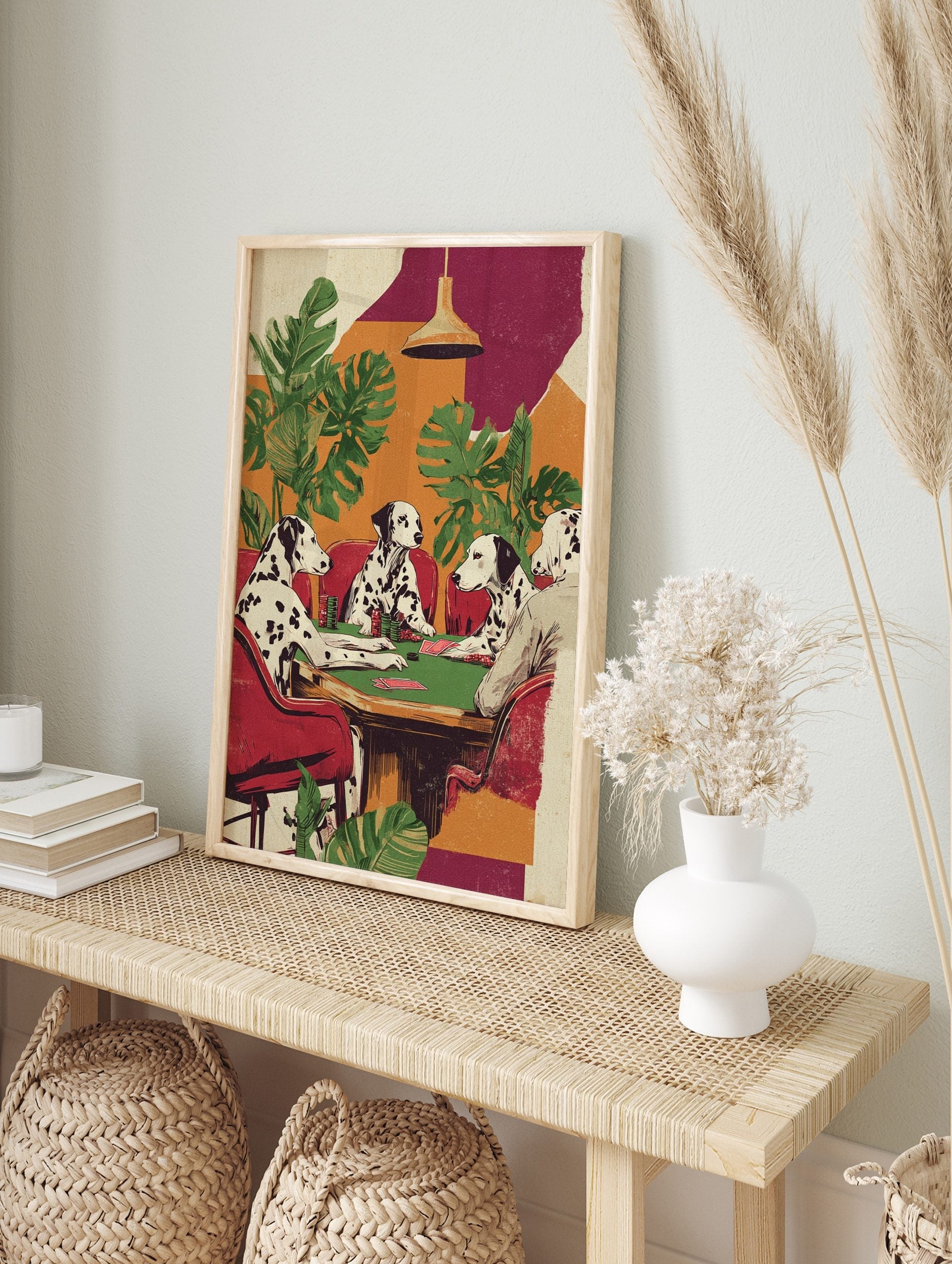 Illustrative print of four Dalmatian dogs playing poker at a green table with chips and cards, in an alternate framed mockup