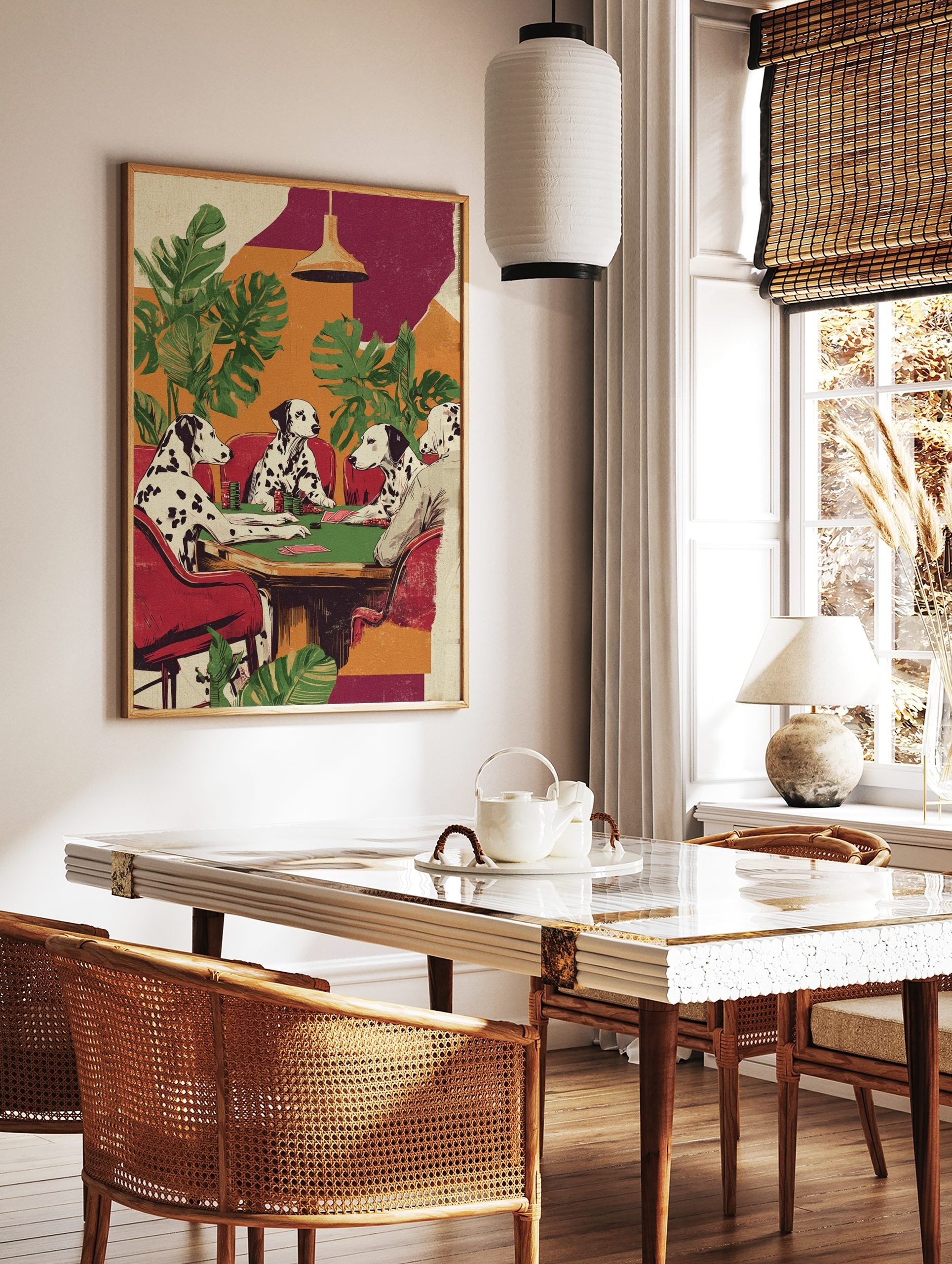 Illustrative print of four Dalmatian dogs playing poker at a green table with chips and cards, in a styled room mockup