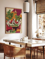 Illustrative print of four Dalmatian dogs playing poker at a green table with chips and cards, in a styled room mockup