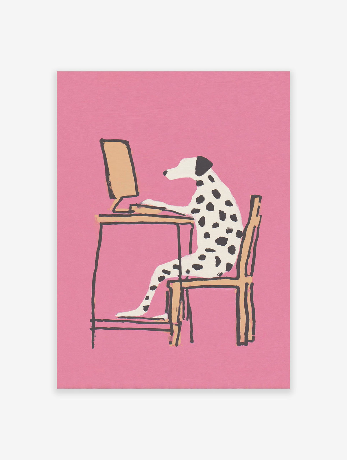 Modern illustration of a Dalmatian dog working at a computer desk on a vibrant pink background, Dalmatian wall art.