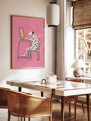 Modern illustration of a Dalmatian dog working at a computer desk on a vibrant pink background, Dalmatian wall art. - Image 2
