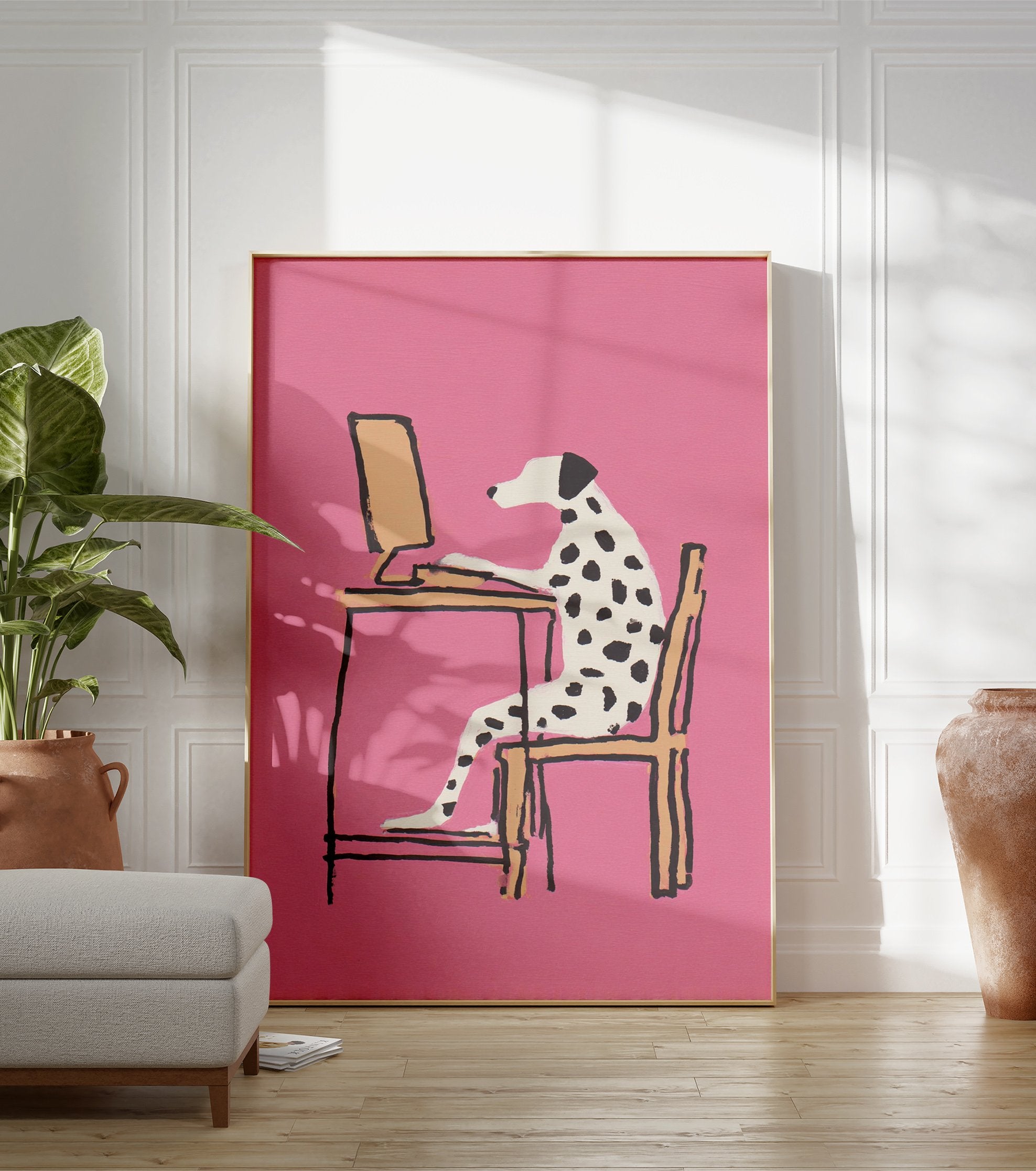 Modern illustration of a Dalmatian dog working at a computer desk on a vibrant pink background, Dalmatian wall art. - Image 3