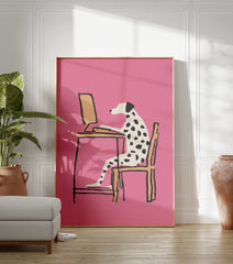 Modern illustration of a Dalmatian dog working at a computer desk on a vibrant pink background, Dalmatian wall art. - Image 3