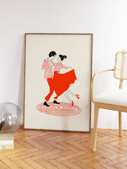 Illustration of a dancing couple in red and black on a cream background, standing on a stylized vinyl record design. - Image 2