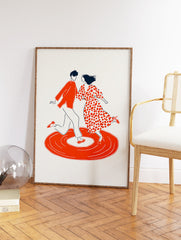 Illustrative dance wall art featuring a retro couple dancing on a vibrant orange vinyl record against a cream background. - Image 2