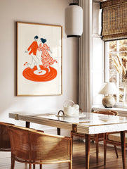 Illustrative dance wall art featuring a retro couple dancing on a vibrant orange vinyl record against a cream background. - Image 3