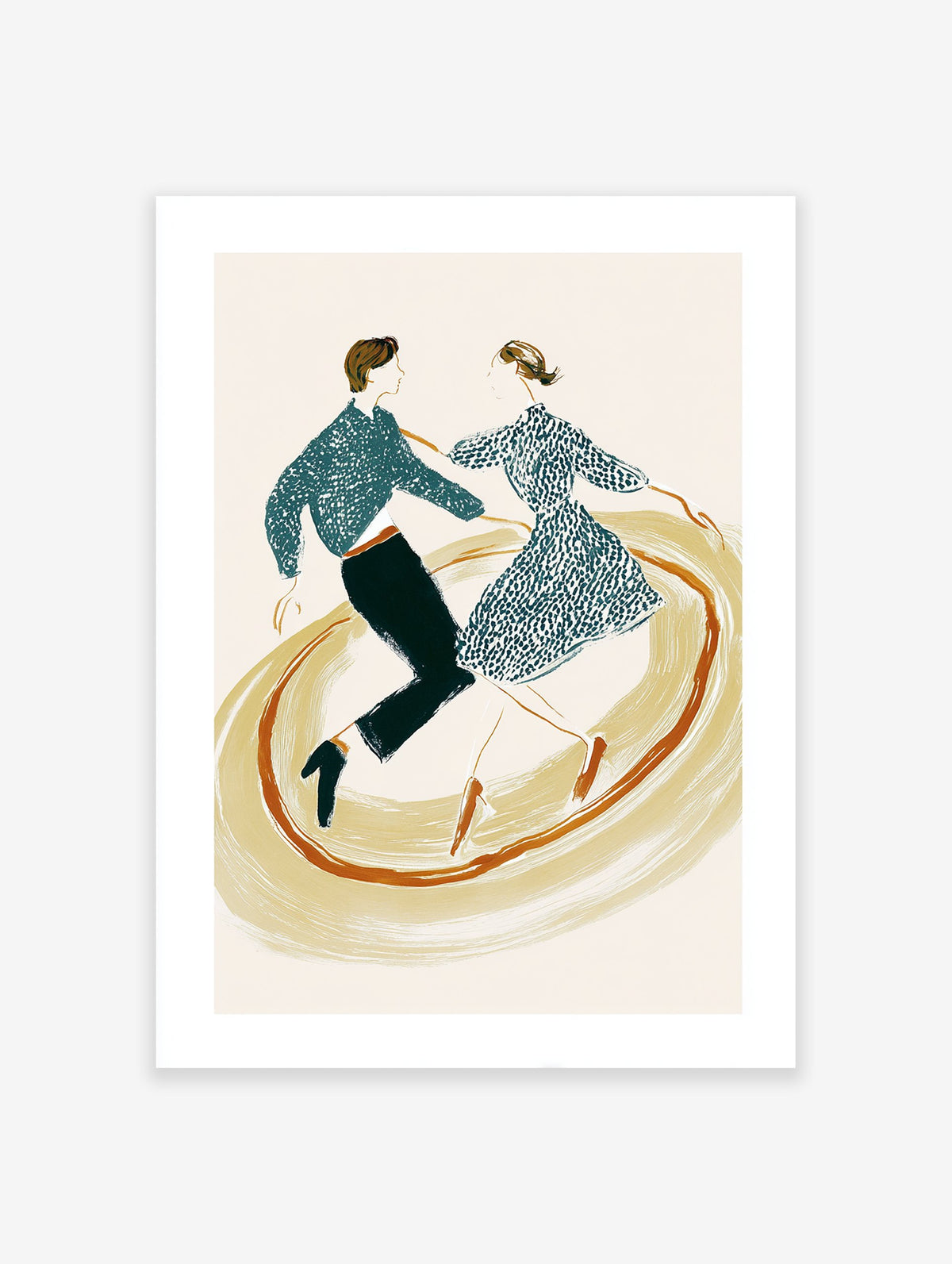 Illustrated dance wall art print of a vintage-style couple spinning in a dynamic, swirling motion on a light background