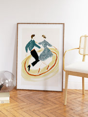 Illustrated dance wall art print of a vintage-style couple spinning in a dynamic, swirling motion on a light background - Image 2