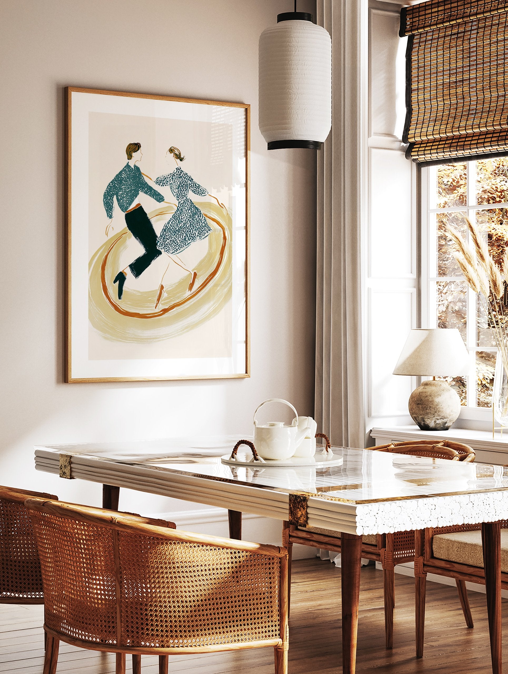 Illustrated dance wall art print of a vintage-style couple spinning in a dynamic, swirling motion on a light background - Image 3