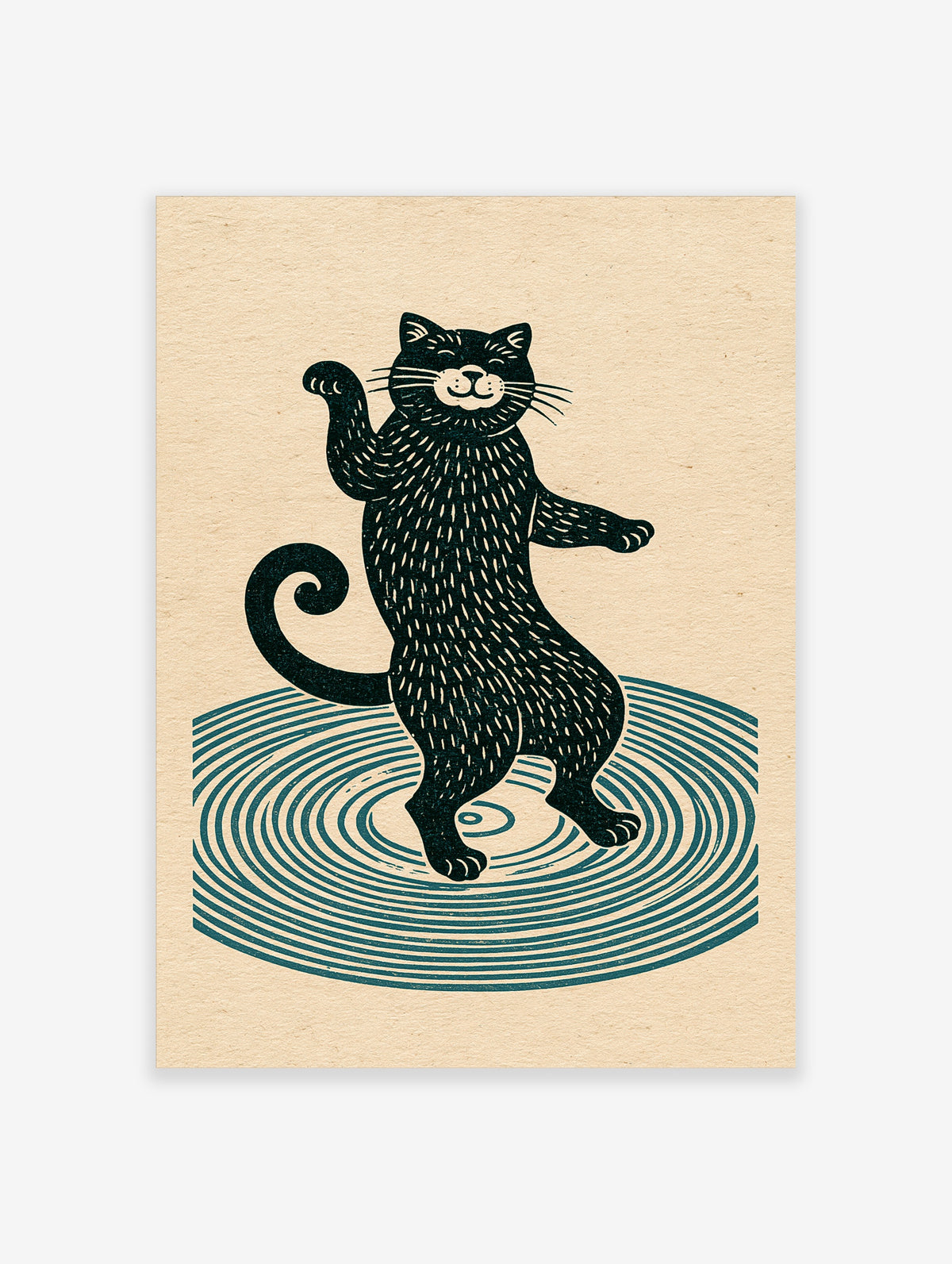 Black cat standing on hind legs with curled tail, teal concentric circles background, illustration print