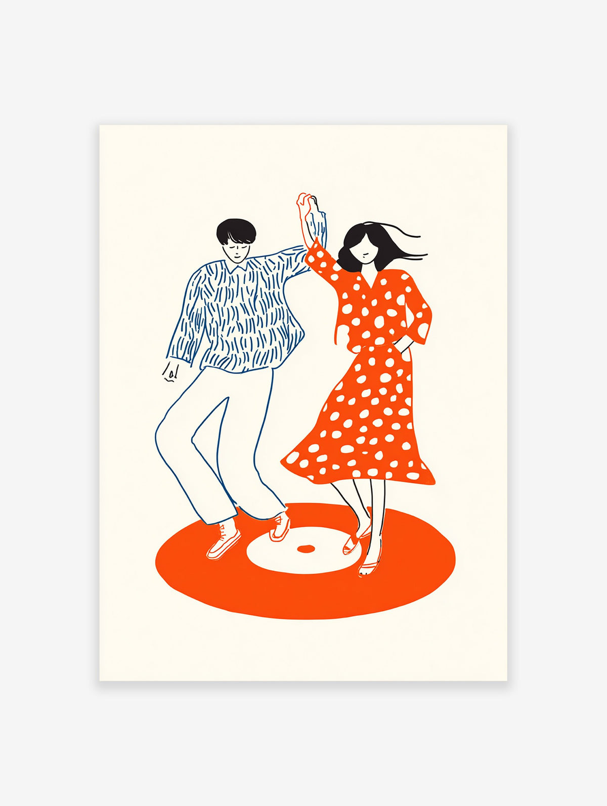 Minimalist illustration of a dancing couple on an orange vinyl record, featuring blue and red retro style.